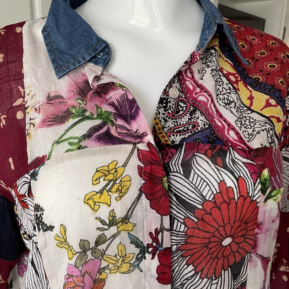 VINTAGE GOA FLORAL PATCHWORK SEMI SHEER COTTON BUTTON UP ROLL TAB TOP Medium - Picture 4 of 11